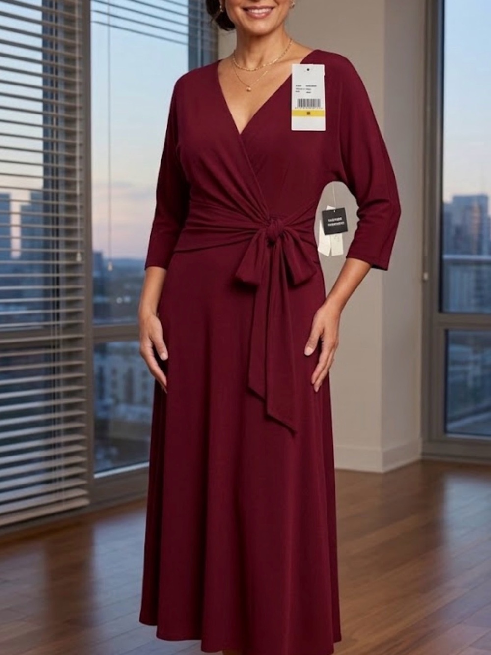 Robbie Bee Burgundy Wrap Midi Dress with Tie Waist Size M